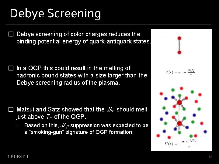 Debye Screening � Debye screening of color charges reduces the binding potential energy of
