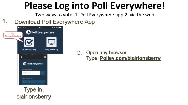 Please Log into Poll Everywhere! Two ways to vote: 1. Poll Everywhere app 2.