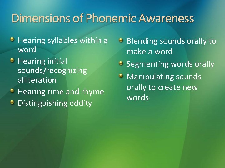 Dimensions of Phonemic Awareness Hearing syllables within a word Hearing initial sounds/recognizing alliteration Hearing Dimensions of Phonemic Awareness Hearing syllables within a word Hearing initial sounds/recognizing alliteration Hearing