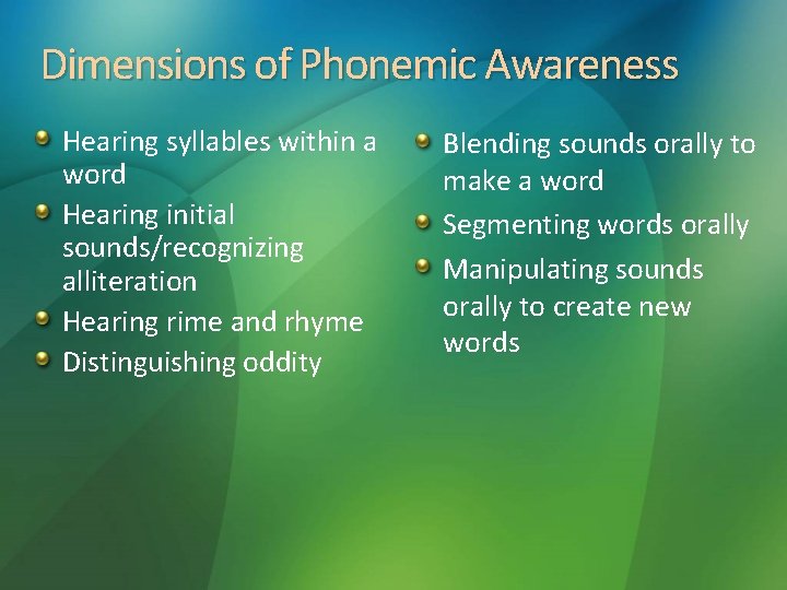 Dimensions of Phonemic Awareness Hearing syllables within a word Hearing initial sounds/recognizing alliteration Hearing