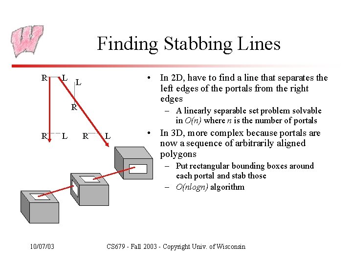 Finding Stabbing Lines R L • In 2 D, have to find a line