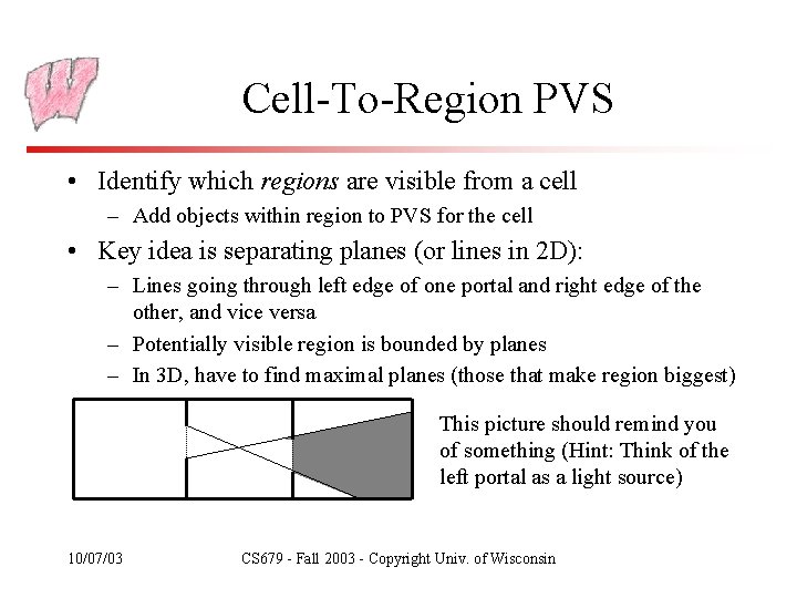 Cell-To-Region PVS • Identify which regions are visible from a cell – Add objects