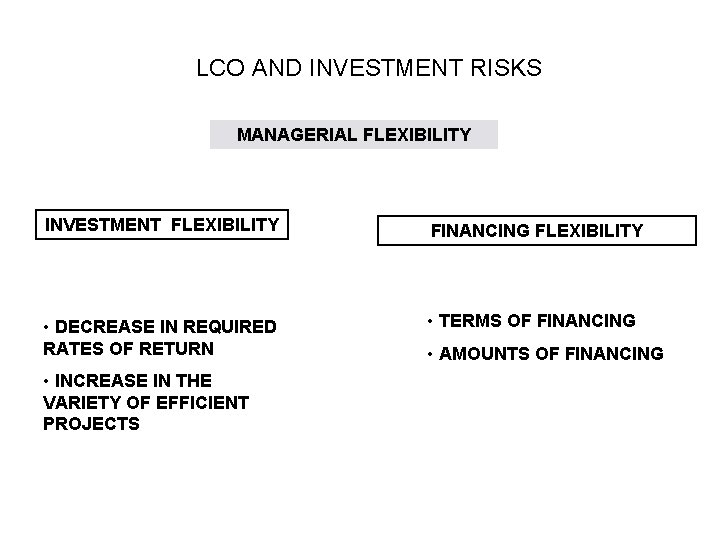 LCO AND INVESTMENT RISKS MANAGERIAL FLEXIBILITY INVESTMENT FLEXIBILITY FINANCING FLEXIBILITY • DECREASE IN REQUIRED