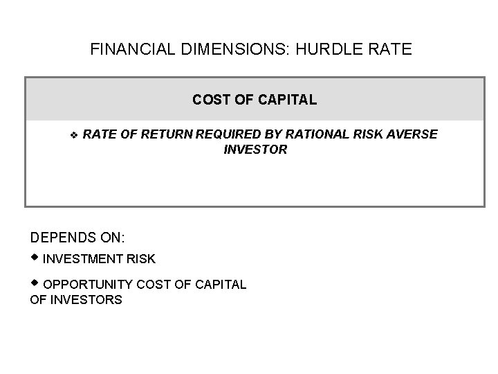 FINANCIAL DIMENSIONS: HURDLE RATE COST OF CAPITAL v RATE OF RETURN REQUIRED BY RATIONAL