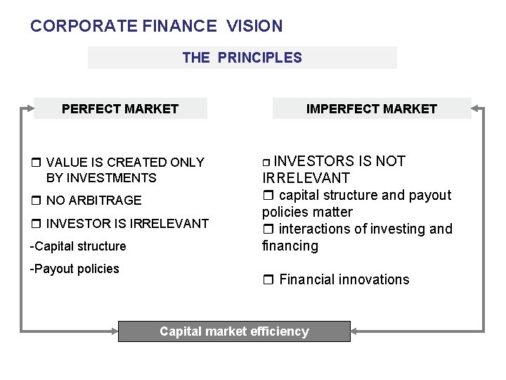 CORPORATE FINANCE VISION THE PRINCIPLES PERFECT MARKET VALUE IS CREATED ONLY BY INVESTMENTS NO