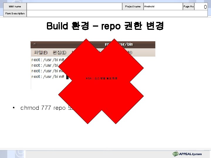 MMI name Project name Android Flow Description Build 환경 – repo 권한 변경 NSA