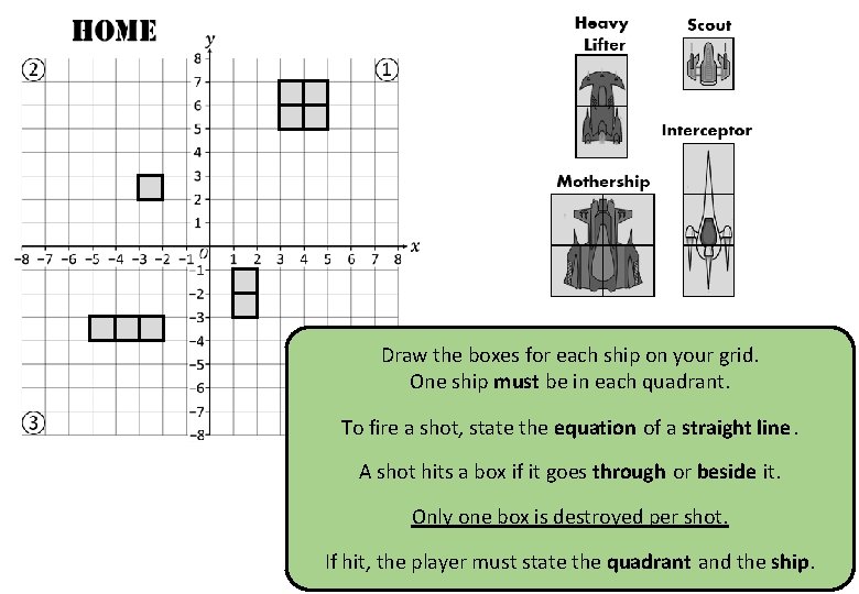 Draw the boxes for each ship on your grid. One ship must be in