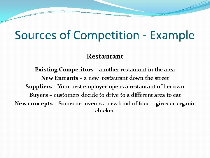 Sources of Competition - Example Restaurant Existing Competitors – another restaurant in the area