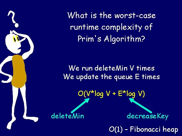 What is the worst-case runtime complexity of Prim's Algorithm? We run delete. Min V What is the worst-case runtime complexity of Prim's Algorithm? We run delete. Min V