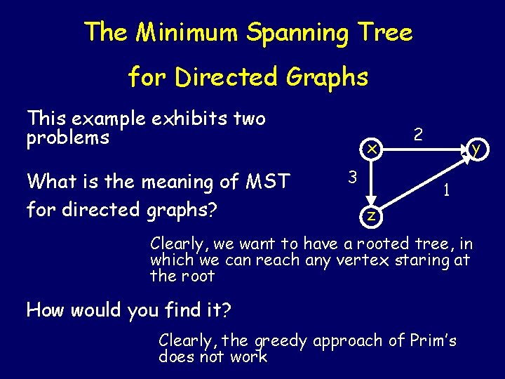 The Minimum Spanning Tree for Directed Graphs This example exhibits two problems What is The Minimum Spanning Tree for Directed Graphs This example exhibits two problems What is