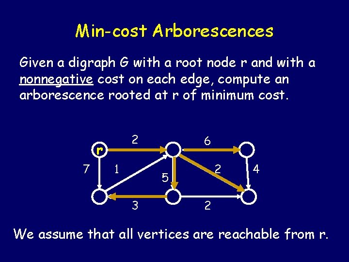 Min-cost Arborescences Given a digraph G with a root node r and with a Min-cost Arborescences Given a digraph G with a root node r and with a