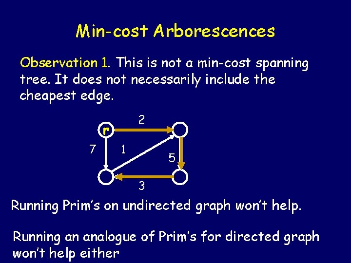 Min-cost Arborescences Observation 1. This is not a min-cost spanning tree. It does not Min-cost Arborescences Observation 1. This is not a min-cost spanning tree. It does not