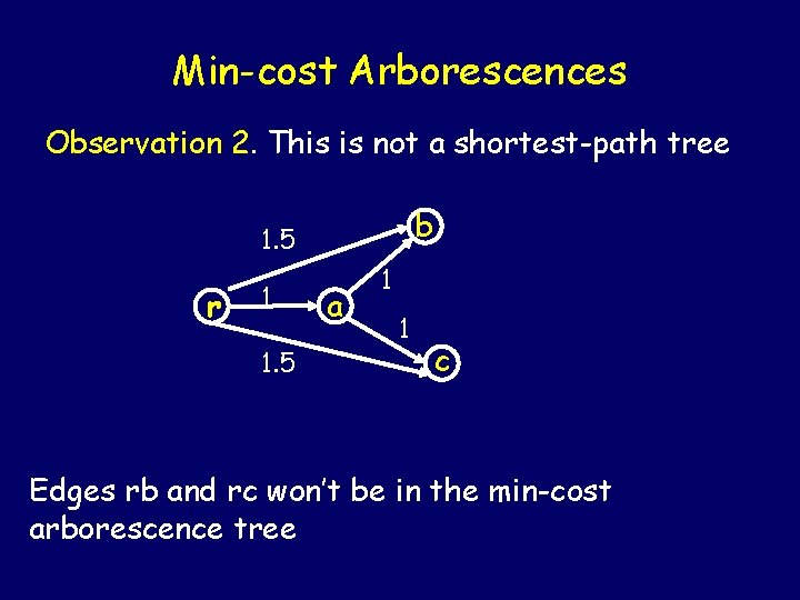 Min-cost Arborescences Observation 2. This is not a shortest-path tree b 1. 5 r Min-cost Arborescences Observation 2. This is not a shortest-path tree b 1. 5 r