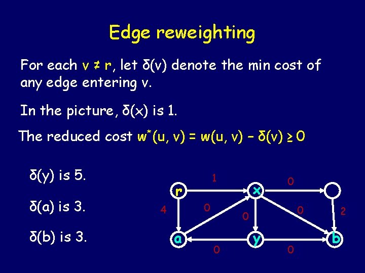 Edge reweighting For each v ≠ r, let δ(v) denote the min cost of Edge reweighting For each v ≠ r, let δ(v) denote the min cost of