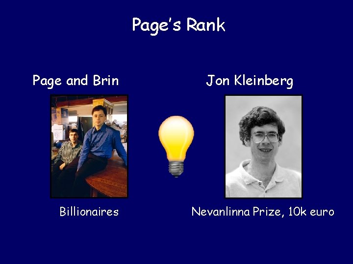 Page’s Rank Page and Brin Billionaires Jon Kleinberg Nevanlinna Prize, 10 k euro Page’s Rank Page and Brin Billionaires Jon Kleinberg Nevanlinna Prize, 10 k euro