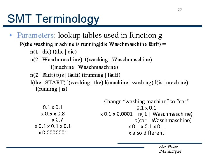 29 SMT Terminology • Parameters: lookup tables used in function g P(the washing machine
