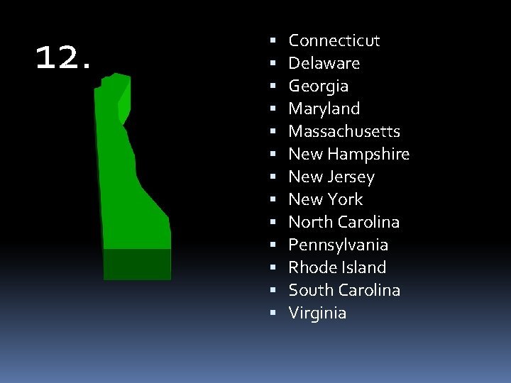 12. Connecticut Delaware Georgia Maryland Massachusetts New Hampshire New Jersey New York North Carolina