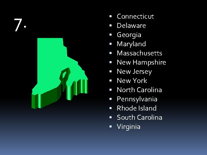 7. Connecticut Delaware Georgia Maryland Massachusetts New Hampshire New Jersey New York North Carolina