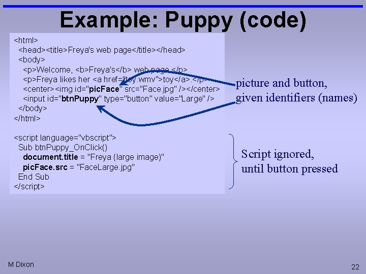 Example: Puppy (code) <html> <head><title>Freya's web page</title></head> <body> <p>Welcome, <b>Freya's</b> web page. </p> <p>Freya