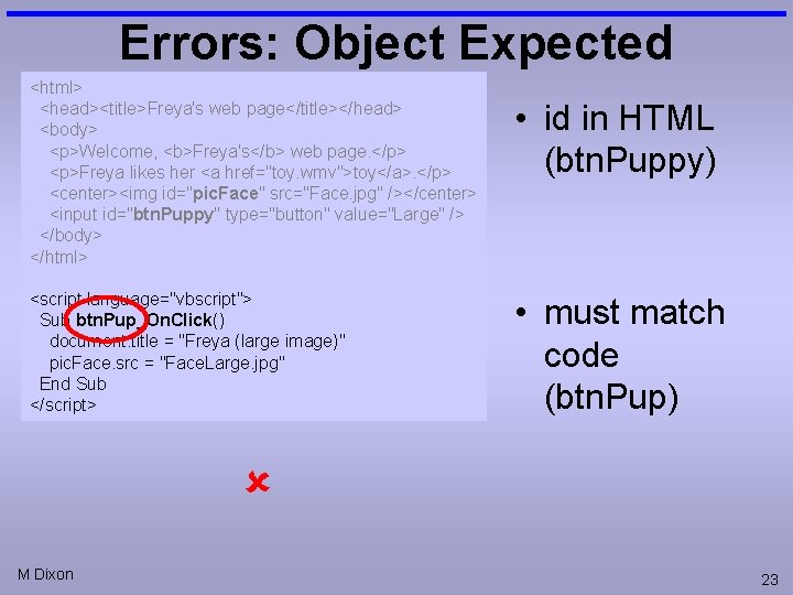 Errors: Object Expected <html> <head><title>Freya's web page</title></head> <body> <p>Welcome, <b>Freya's</b> web page. </p> <p>Freya