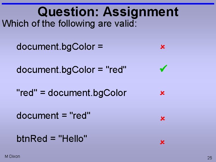 Question: Assignment Which of the following are valid: document. bg. Color = "red" =