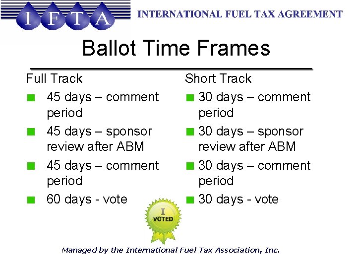 Ballot Time Frames Full Track 45 days – comment period 45 days – sponsor