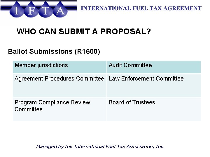 WHO CAN SUBMIT A PROPOSAL? Ballot Submissions (R 1600) Member jurisdictions Audit Committee Agreement