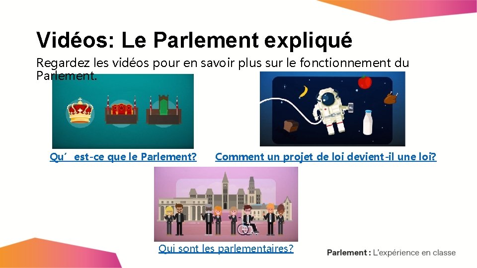 Vidéos: Le Parlement expliqué Regardez les vidéos pour en savoir plus sur le fonctionnement
