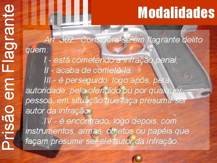 Prisão em Flagrante Modalidades Art. 302. Considera-se em flagrante delito quem: I - está