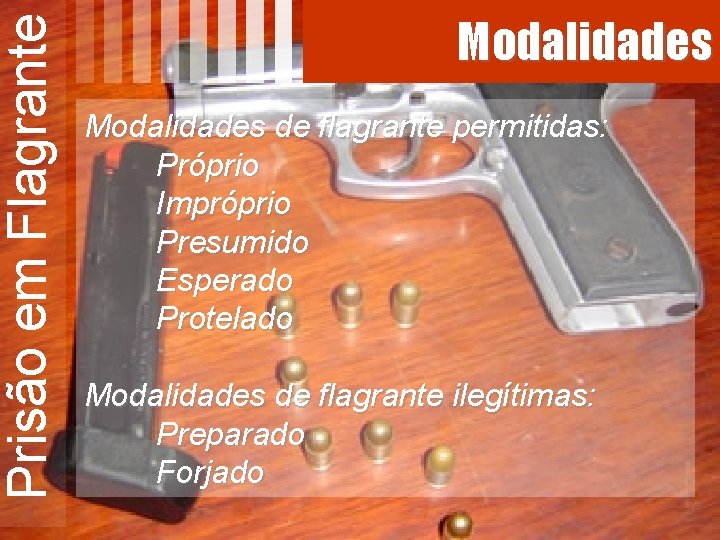 Prisão em Flagrante Modalidades de flagrante permitidas: Próprio Impróprio Presumido Esperado Protelado Modalidades de