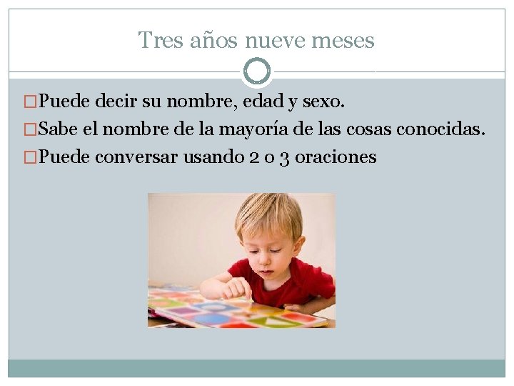 Tres años nueve meses �Puede decir su nombre, edad y sexo. �Sabe el nombre