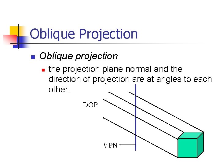 Oblique Projection n Oblique projection n the projection plane normal and the direction of