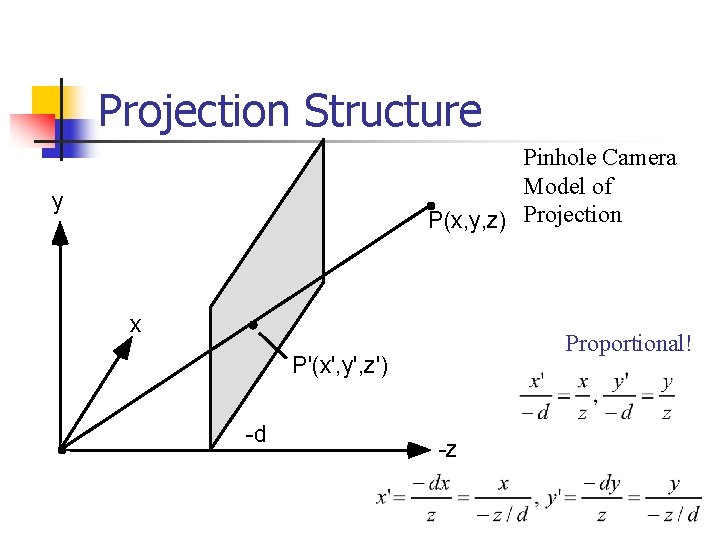 Projection Structure Pinhole Camera Model of P(x, y, z) Projection y x Proportional! P'(x',