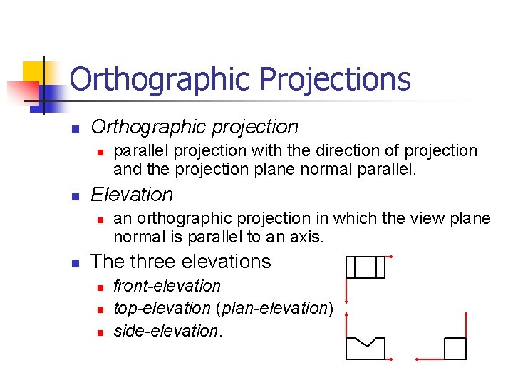 Orthographic Projections n Orthographic projection n n Elevation n n parallel projection with the