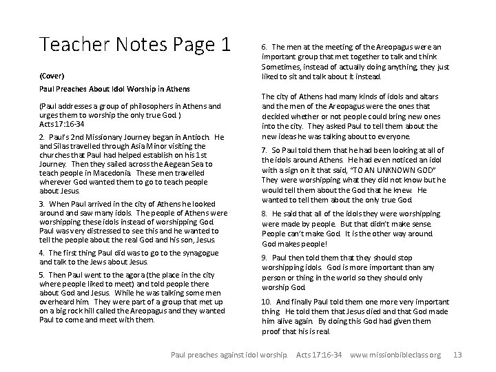 Teacher Notes Page 1 (Cover) Paul Preaches About Idol Worship in Athens (Paul addresses