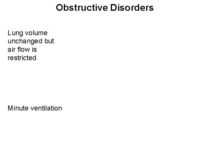 Obstructive Disorders Lung volume unchanged but air flow is restricted Minute ventilation 