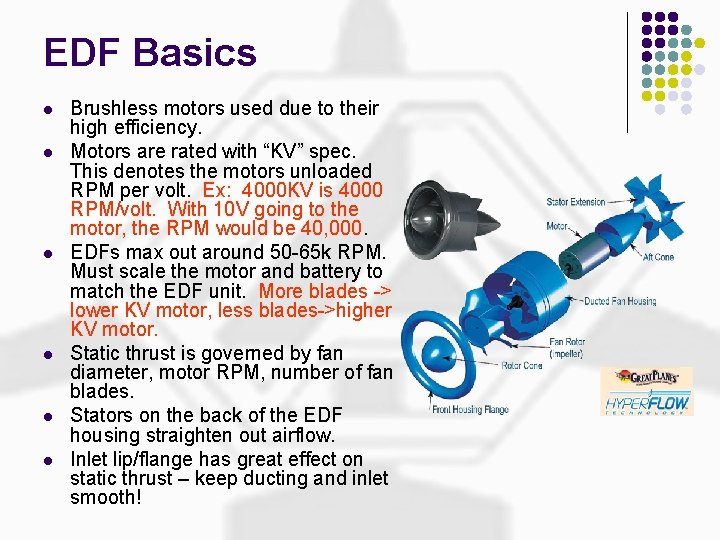 EDF Basics l l l Brushless motors used due to their high efficiency. Motors