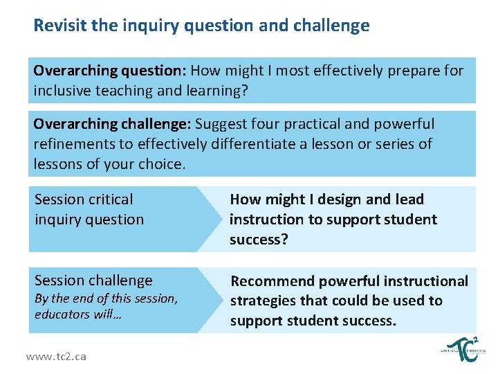 Revisit the inquiry question and challenge Overarching question: How might I most effectively prepare