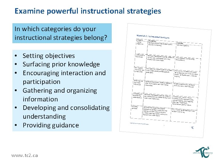 Examine powerful instructional strategies In which categories do your instructional strategies belong? • Setting