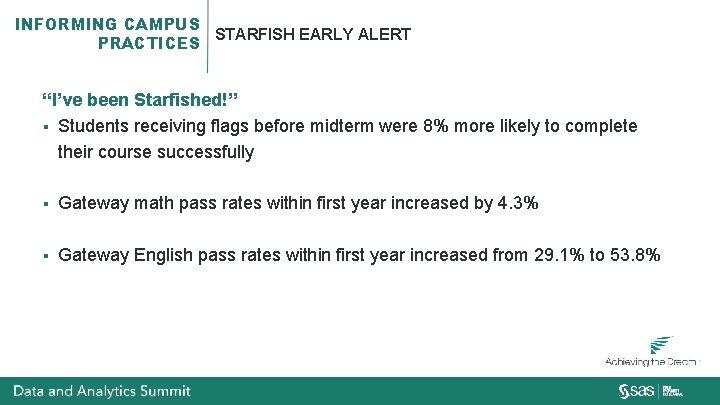 INFORMING CAMPUS STARFISH EARLY ALERT PRACTICES “I’ve been Starfished!” § Students receiving flags before
