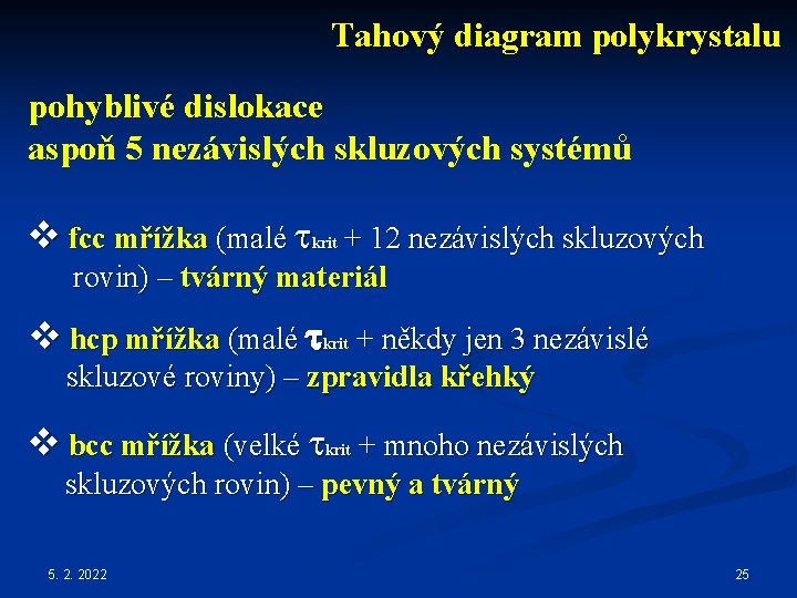 Tahový diagram polykrystalu pohyblivé dislokace aspoň 5 nezávislých skluzových systémů v fcc mřížka (malé