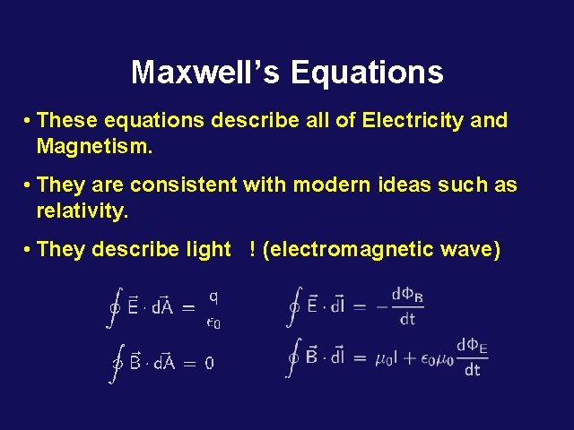 Maxwell’s Equations • These equations describe all of Electricity and Magnetism. • They are