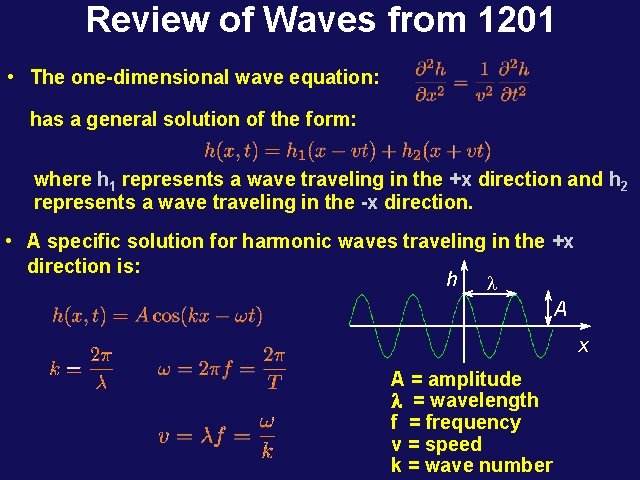 Review of Waves from 1201 • The one-dimensional wave equation: has a general solution