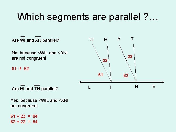 Which segments are parallel ? … Are WI and AN parallel? W No, because