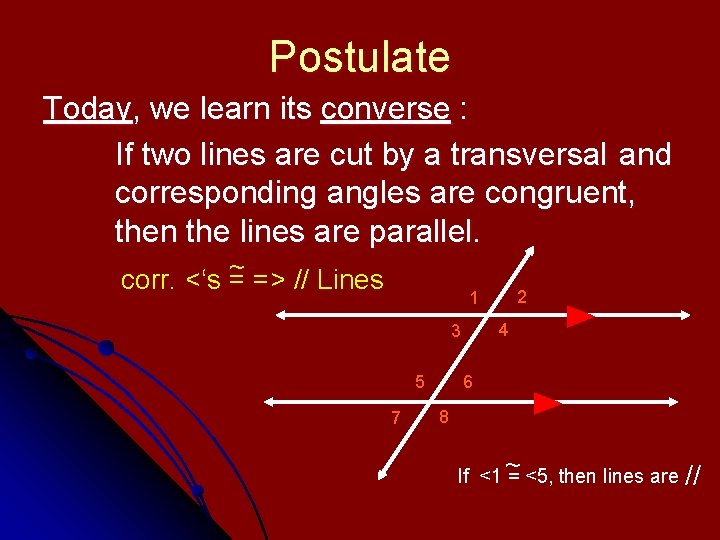 Postulate Today, we learn its converse : If two lines are cut by a