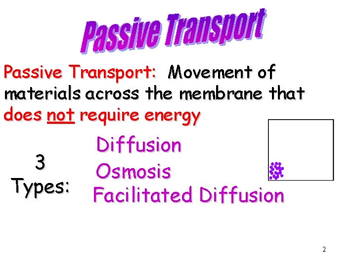 Passive Transport: Movement of materials across the membrane that does not require energy 3