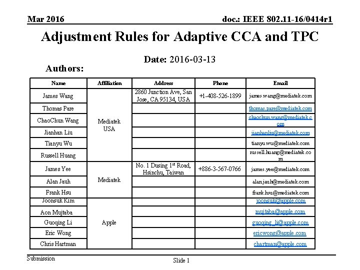 Mar 2016 doc. : IEEE 802. 11 -16/0414 r 1 Adjustment Rules for Adaptive