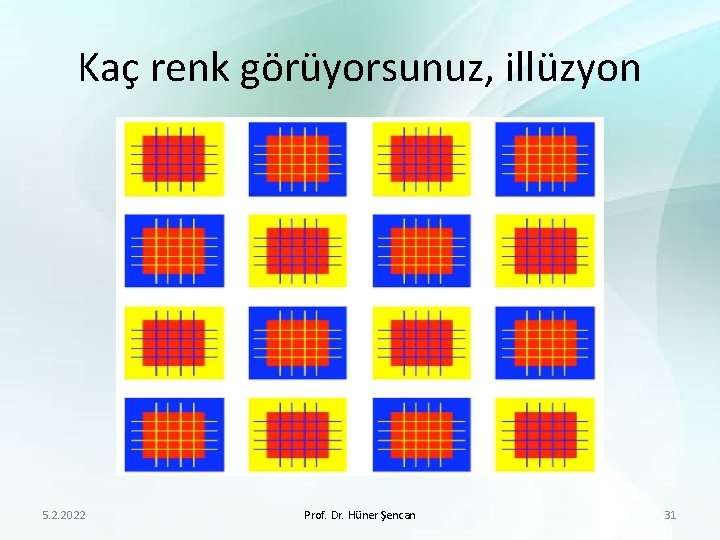 Kaç renk görüyorsunuz, illüzyon 5. 2. 2022 Prof. Dr. Hüner Şencan 31 