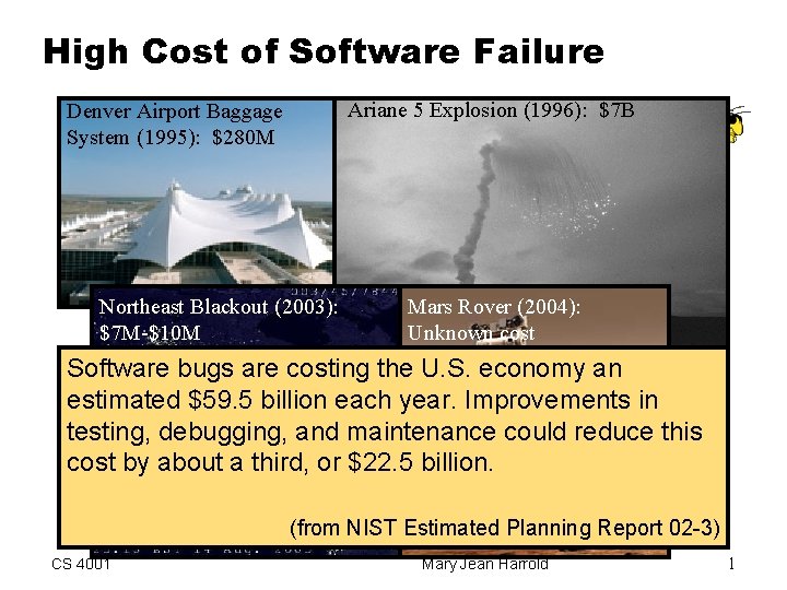 High Cost of Software Failure Ariane 5 Explosion (1996): $7 B Denver Airport Baggage