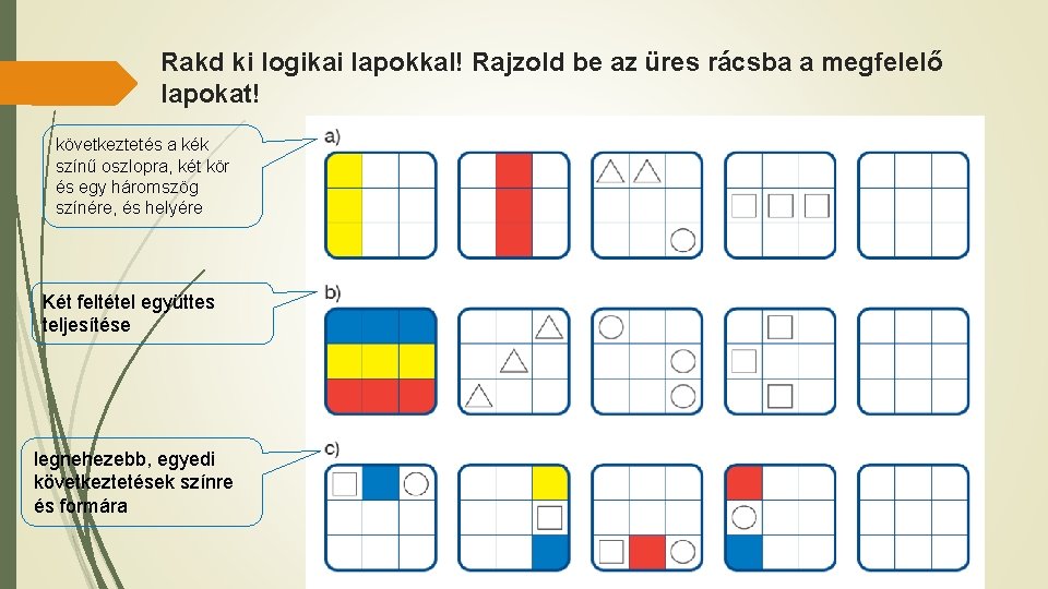 Rakd ki logikai lapokkal! Rajzold be az üres rácsba a megfelelő lapokat! következtetés a